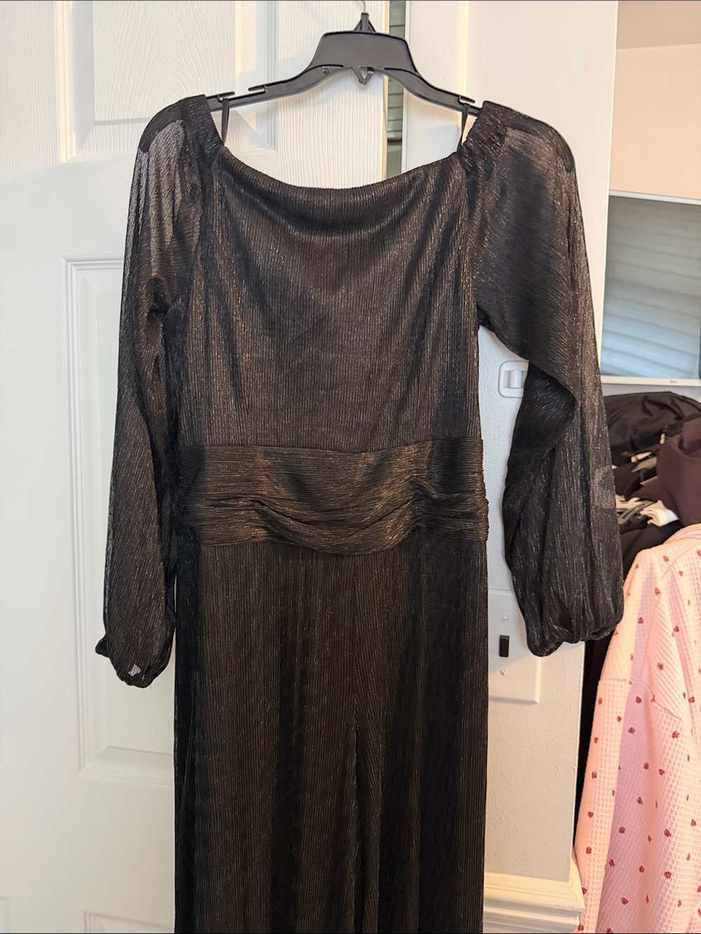 Black Metallic Long Sleeve Evening off shoulder jumpsuit